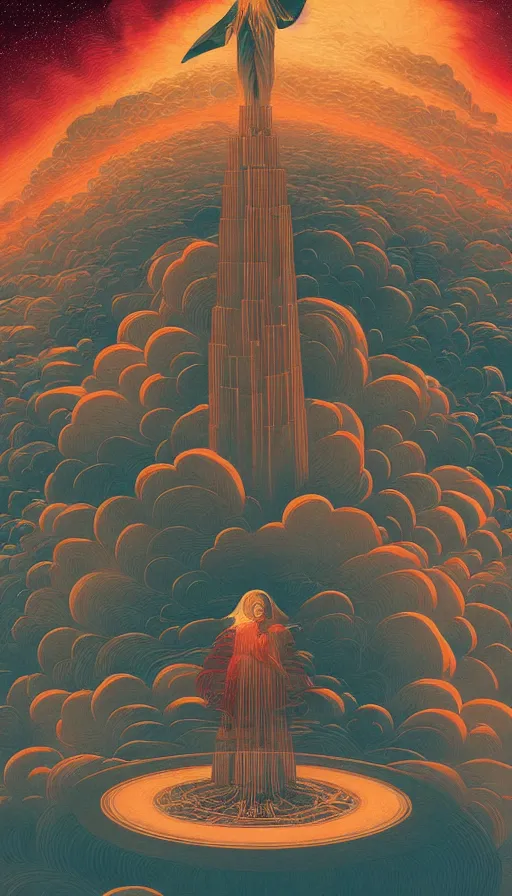 Prompt: The oracle of bibliophiles on cosmic cloudscape, italian futurism, Dan Mumford, da vinci, Victo Ngai, Kilian Eng