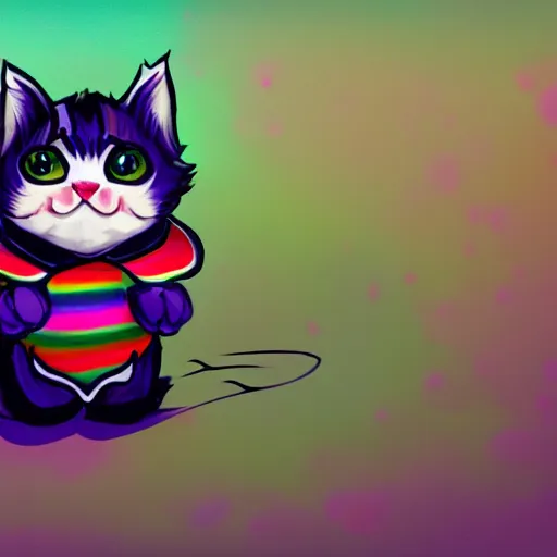 Image similar to wide angle full body, of a fluffy cute rainbow kitten wearing a black motorcycle jacket, concept art