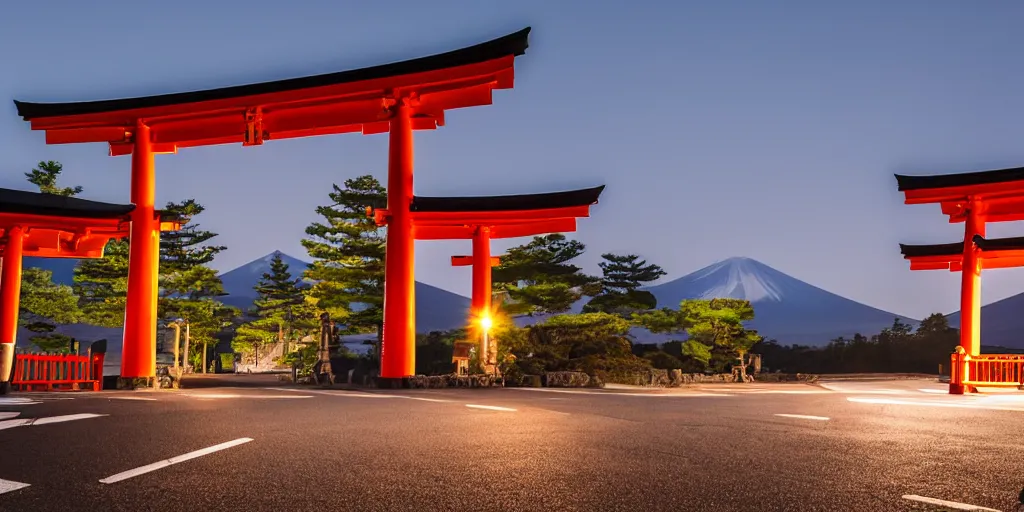 Image similar to A night photo of a school bus driving towards a Japanese Torii gate at Mount Fuji location in Japan, time travel, ray tracing