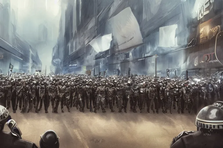 Image similar to police lined up, standing against the crowd of protesters with blank posters, сlear sky, concept art, intricate details, highly professionally detailed, cgsociety, highly detailed -