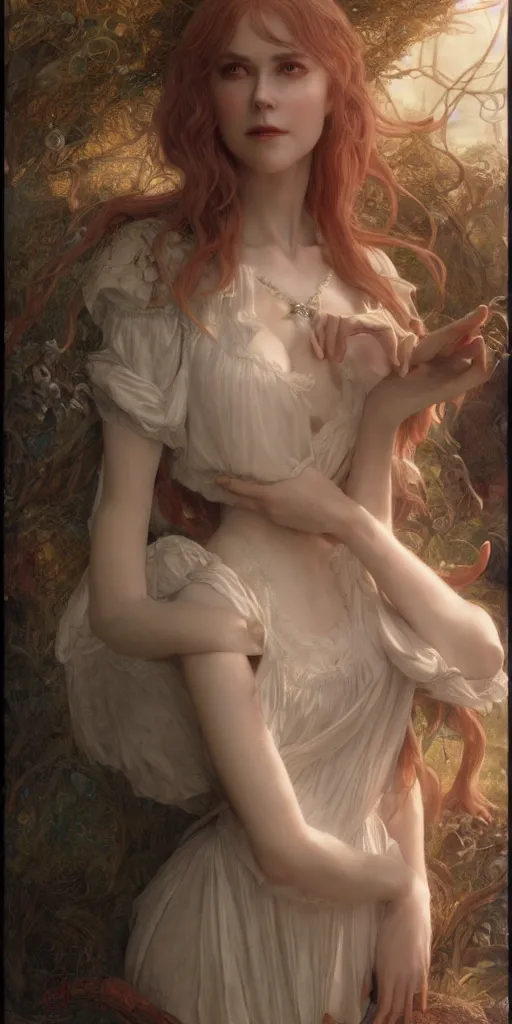 Image similar to lolita nicole kidman, beautiful fantasy maiden, dungeons and dragons, masterpiece by edgar maxence and ross tran and michael whelan, gustav dore, 8 k, octane render