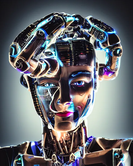 Image similar to portrait photo of female dancer as a cyberpunk mecha humanoid robotic head shoulder parts with straight bright led lights, under heavy rain, ultra - realistic and detailed, hdr 8 k