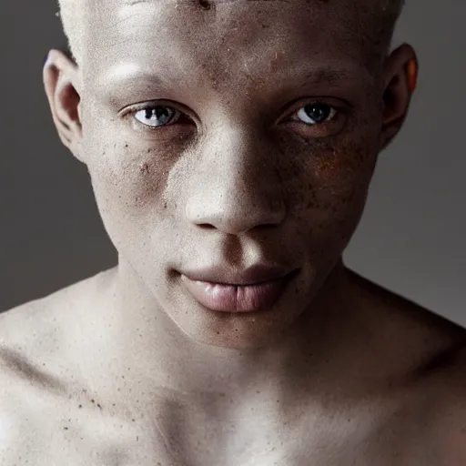 Prompt: photo of a perfect albino african man with white skin and covered entirely in dense freckles