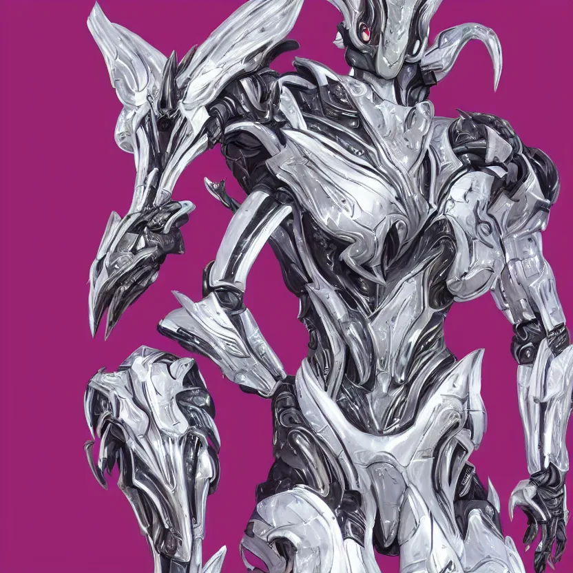 Image similar to highly detailed exquisite fanart, of a beautiful female warframe, but as an anthropomorphic elegant robot dragon, shiny white silver plated armor engraved, robot dragon head, Fuchsia skin beneath the armor, sharp claws, long tail, robot dragon hands and feet, two arms and legs, elegant pose, close-up shot, full body shot, epic cinematic shot, professional digital art, high end digital art, singular, realistic, DeviantArt, artstation, Furaffinity, 8k HD render, epic lighting, depth of field