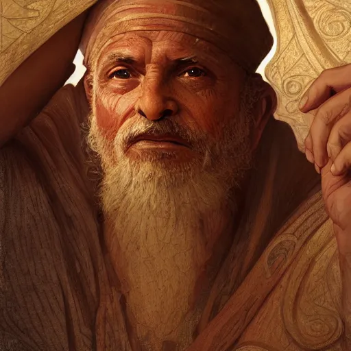 Image similar to close up of an old man wearing ancient canaanite clothing, deep focus, d & d, fantasy, intricate, elegant, highly detailed, digital painting, artstation, concept art, matte, sharp focus, illustration, hearthstone, art by artgerm and greg rutkowski and alphonse mucha