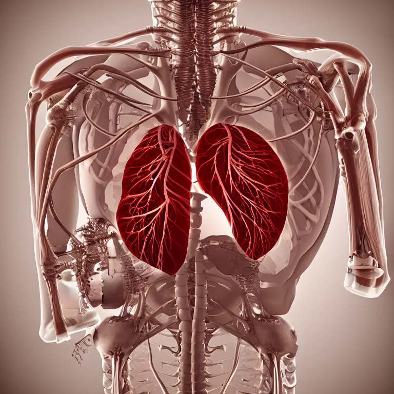 Prompt: 3D render of a steampunk cyborg heart within rib cage, heart tissue, inset xray cross-section, arteries, veins, valves, mechanical pumps, Mandelbrot fractal, titanium skeletal attachments, anatomical, flesh, muscle, wires, microchips, electronics, glowing, full frame, microscopic, elegant, highly detailed, flesh ornate, elegant, dye contrast lighting, black light, octane render in the style of H.R. Giger and Bouguereau