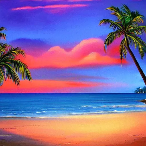 Prompt: A beautiful tropical beach at sunset Oil painting by Jim Warren