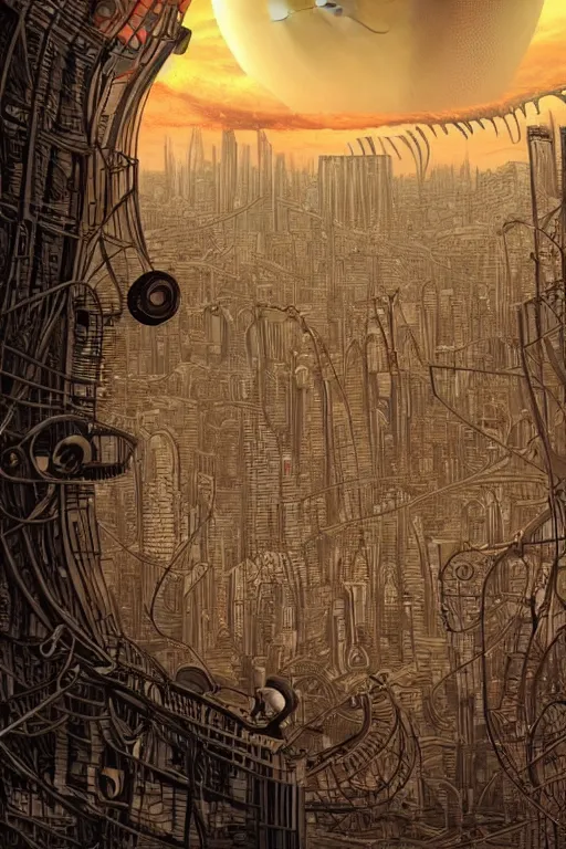 Prompt: biomechanical robot eye overlooking a desolate metropolis, fantasy, volumetric lighting, professional illustration by junji ito