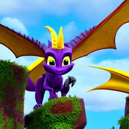 Prompt: spyro the dragon riding a dragon on top of another dragon cinematic film