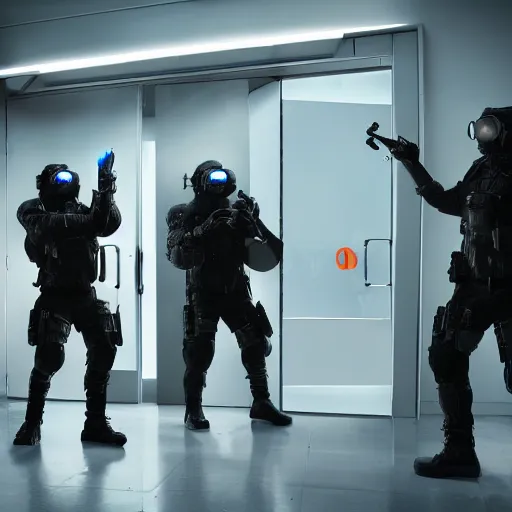 Image similar to a cyberpunk SWAT team breaking down a door, futuristic, 8k, film still s- 150