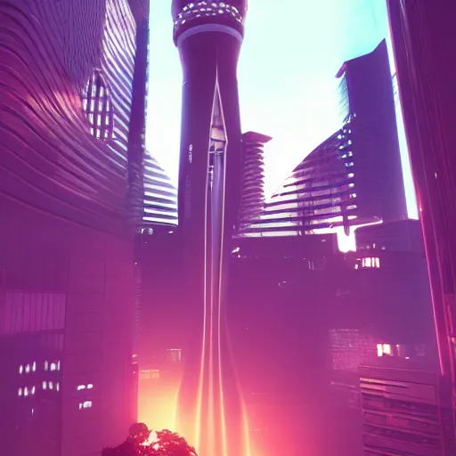 Image similar to auckland sky tower furturistic, dynamic lighting, cinematic composition, cyberpunk, evil, artstation, octane render