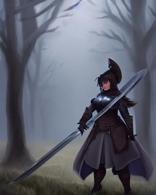 Image similar to concept art of a thicc female knight, wearing heavy medival knight armor, holding a long sword, walking through a foggy oak forest | | epic - fine - clean, polished, trending on artstation, brush strokes