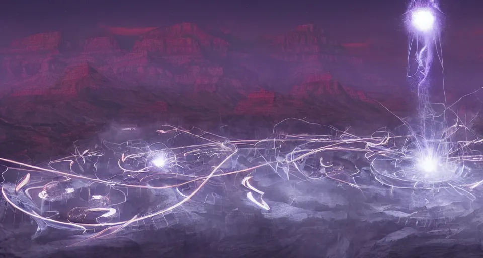 Image similar to night, a lot of people and a spiral - shaped white luminous attractor is floating in grand canyon, concept art, art for the game, professional lighting, art