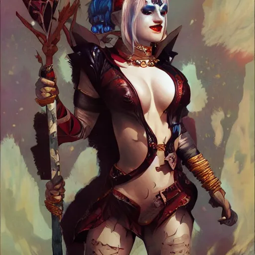 Image similar to portrait of harley quinn as a demon elf queen, forest, godlike, upper body, fantasy, intricate, elegant, highly detailed, digital painting, artstation, concept art, sharp focus, illustration, art by artgerm and greg rutkowski and alphonse mucha