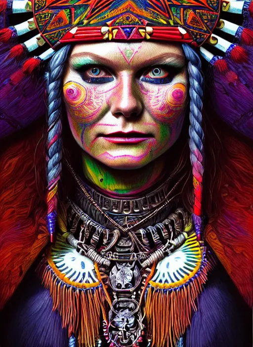 Image similar to portrait of kirsten dunst, hyper detailed ultra sharp aztec shaman warrior. trending on artstation, warpaint aesthetic, bloodwave, colorful, psychedelic, ornate, intricate, digital painting, concept art, smooth, sharp focus, illustration, art by artgerm and greg rutkowski and h. r. giger, 8 k