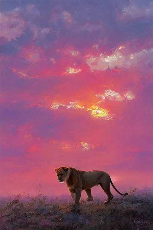 Image similar to spiritual twin flame lioness art pink sunset hue highly detailed oil painting hue by craig mullins