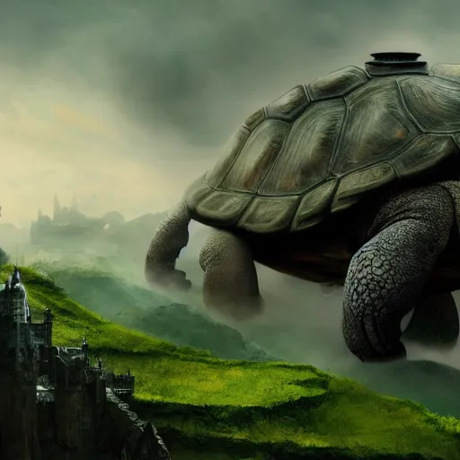 Image similar to giant tortoise walking with a large fantasy castle armor, distant shot birds eye view, fantasy, hyper detailed, 4 k, howls moving castle, mortal engines,