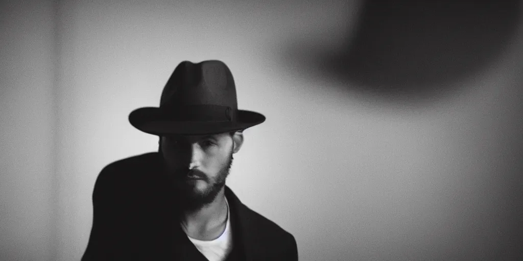 Image similar to man wearing a fedora, medium shot, neo noir, chiaroscuro lighting, cinematic, atmospheric, 35mm lens