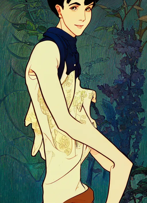 Prompt: well - lit art nouveau portrait of a young man with short black hair, natural lighting, path traced, highly detailed, high quality, cartoon, digital painting, by don bluth and ross tran and studio ghibli and alphonse mucha