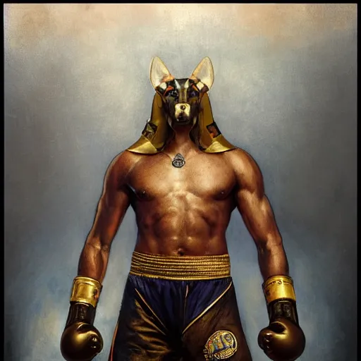 Image similar to anubis as a boxer ready to take on the world champ, boxing ring, strong spotlights, 4 k, trending on artstation, by gaston bussiere, craig mullins, artgerm, greg rutkowski, alphonse mucha