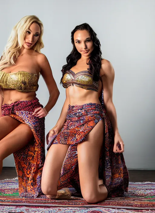 Image similar to portrait of lindsey pelas and gal gadot wearing batik vest and sarong skirt kneeling on the floor, by charlotte grimm, natural light, detailed face, beautiful features, symmetrical, canon eos c 3 0 0, ƒ 1. 8, 3 5 mm, 8 k, medium - format print,