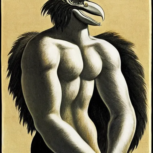 Prompt: a creature with the body and eyes of a man, with the beak of an eagle, the mane of a lion, and the horn of a bull. drawn by edward hopper