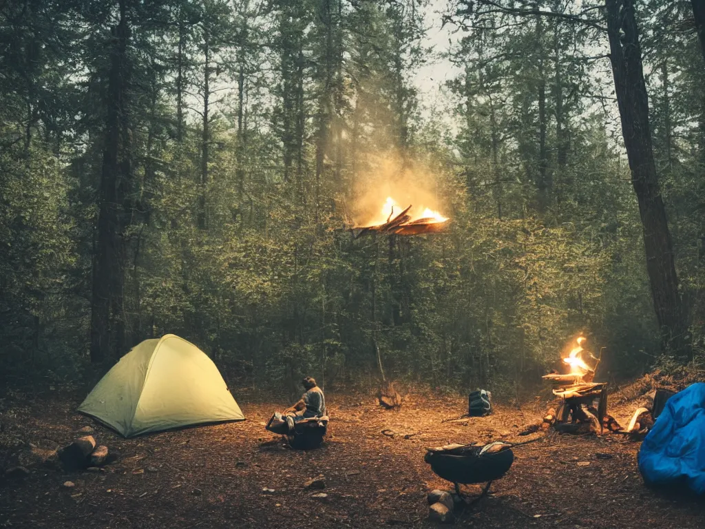 Image similar to a man is camping in a forest, it is night and there is a small campfire next to his sleeping bag, his horse stands tethered nearby, dramatic cinematic lighting