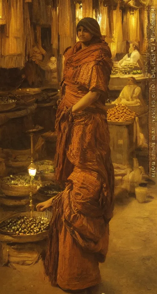 Image similar to young woman standing in a spice market at night by theodore ralli and nasreddine dinet and anders zorn and nikolay makovsky and edwin longsden long, oil on canvas, masterful intricate artwork, excellent lighting, high detail 8 k