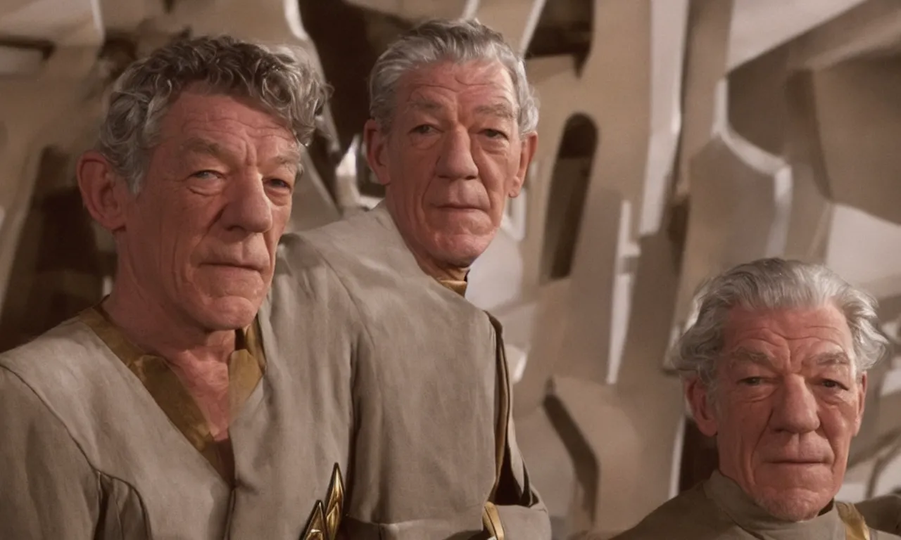 Prompt: ian mckellen plays the captain in star trek tng tv still starship enterprise