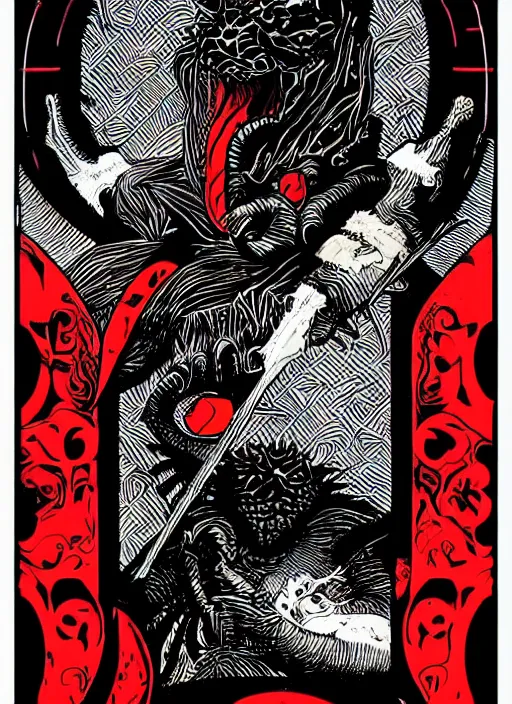 Image similar to tarot card illustration for the tarrasque, modern reimagining, digital art, stylish, black and red, sharp inks, trending on artstation