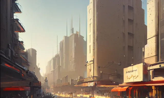 Prompt: A sci-fi digital concept art painting of a street-level view of a utopic art deco city, by greg rutkowski, trending on artstation, clear day, golden hour, highly detailed, matte painting