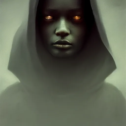 Image similar to a portrait of a young black woman wearing a long dark cloak, hood and shadows covering face, anatomically correct, beautiful perfect face, enigmatic, oil painting, matte painting, black background, Volumetric dynamic lighting, Highly Detailed, Cinematic Lighting, Unreal Engine, 8k, HD, by Beksinski