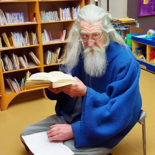 Image similar to gandalf reading books at kindergarden