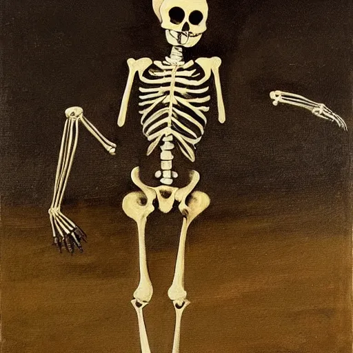 Image similar to a painting of a cat's skeleton walking around a field, in the style of bubonic plague paintings.