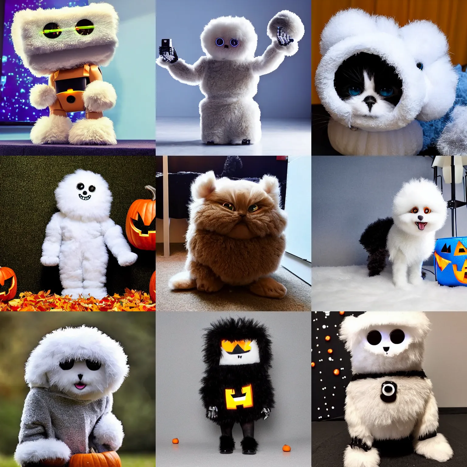 Prompt: <picture quality=hd+ mode='attention grabbing'>an adorable fluffy robot tries on a Halloween outfit</picture>