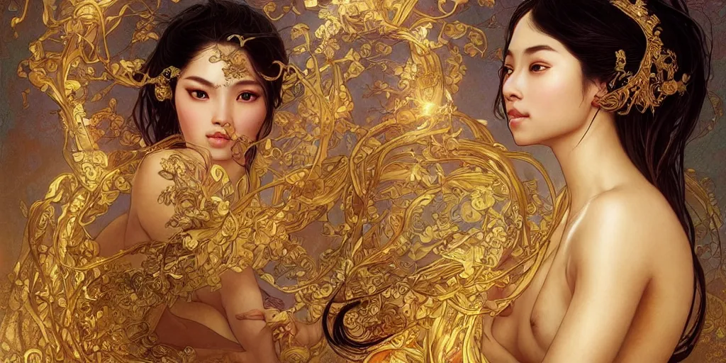 Image similar to asian nymph bald goddess, flowing golden silk twisting with whiten tattoos of cursive sigils on her opalescent skin, fantasy, intricate, very beautiful, elegant, golden light, highly detailed, art by artgerm and greg rutkowski and alphonse mucha