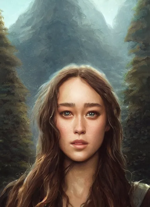 Image similar to alycia debnam - carey, beautiful highly detailed face, complementary lighting, backlit, black eyeshadow, grinning, adventure, dramatic lighting, landscape background, beautiful painting by artgerm and greg rutkowski and raymond swanland