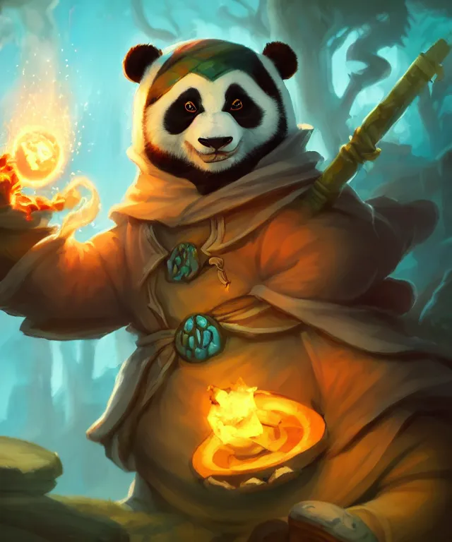 Image similar to a portrait an anthropomorphic panda mage casting a spell, wearing mage robes, landscape in background, cute, dnd character art portrait, world of warcraft style, by peter mohrbacher, cinematic lighting