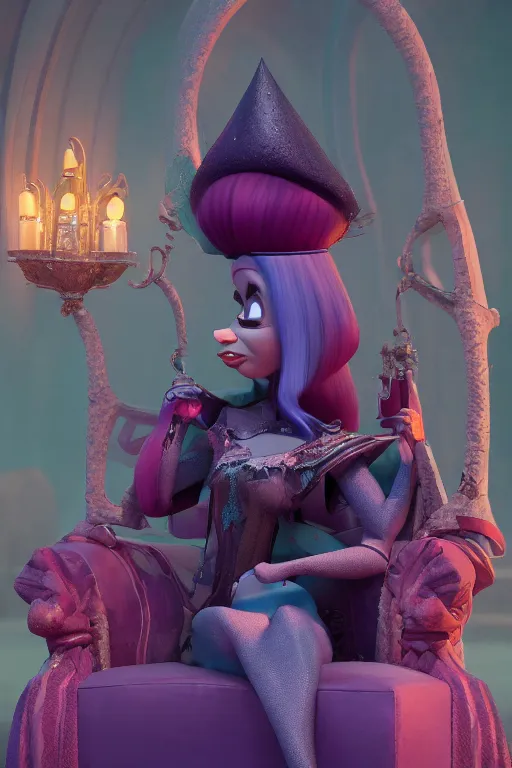 Image similar to An evil sorceress scheming on her throne | stylised | short and stocky broad body| big nose | art style of disney pixar movie | HD 8k | rendered by octane
