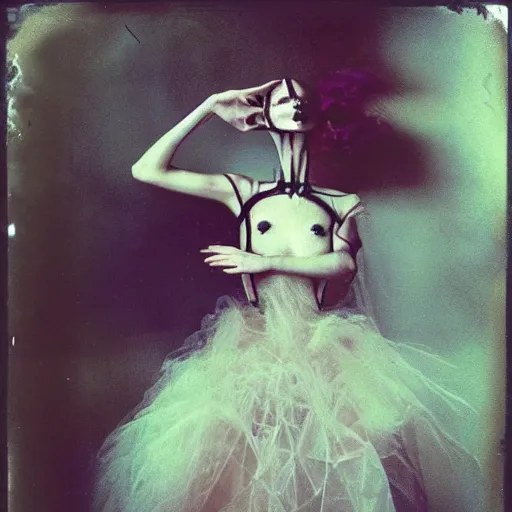 Image similar to damaged kodak portra 4 0 0, wetplate, photo of a surreal artsy dream scene,, very beautiful model, weird fashion, grotesque, extravagant dress, strange pose, carneval, with an animal, wtf, photographed by paolo roversi style