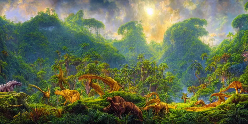 Prompt: fantasy oil painting, herd of imaginary dinosaurs in a lush jungle, epic natural light, lush plants flowers, rainforest mountains, bright clouds, luminous sky, outer worlds, dynamic lighting, michael cheval, michael whelan, vray, 8 k hd