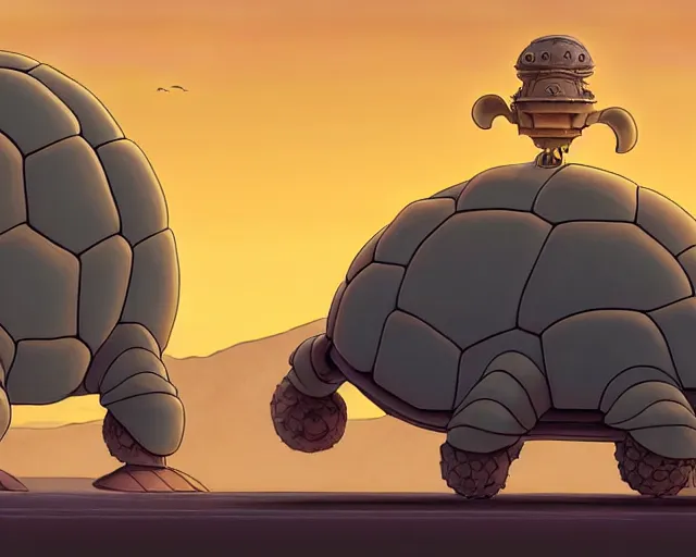 Prompt: a cell shaded cartoon giant grey lovecraftian mechanized tortoise from howl's moving castle ( 2 0 0 4 ), with a big head, on a desert road, wide shot, sunset, golden hour, muted colors, post grunge, josan gonzales, wlop, by james jean, victor ngai, hq, deviantart, art by artgem