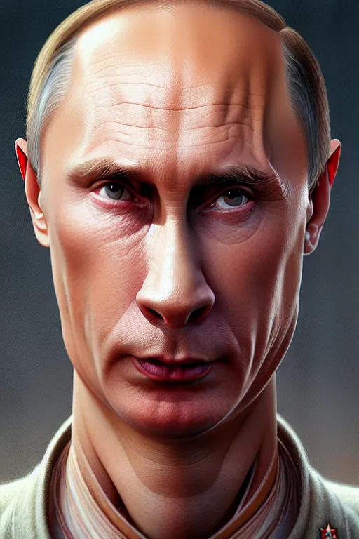 Image similar to vladimir putin with jar jar binks eyes, realistic portrait, symmetrical, highly detailed, digital painting, artstation, concept art, smooth, sharp focus, illustration, cinematic lighting, art by artgerm and greg rutkowski and alphonse mucha