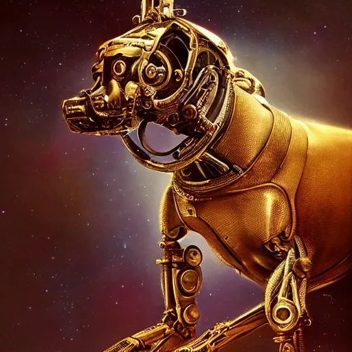 Image similar to a beautiful ultradetailed fine art photo of an ancient aztec hairless cybernetic cyborg dog set against galactic space, by tom bagshaw and anna dittman, portrait, soft backlighting, robotic arch around the dog, 5 0 mm lens, golden ratio composition, detailed faces, studio lighting, very detailed, industrial mechanical robot dogs, artstation, 8 k, highly coherent