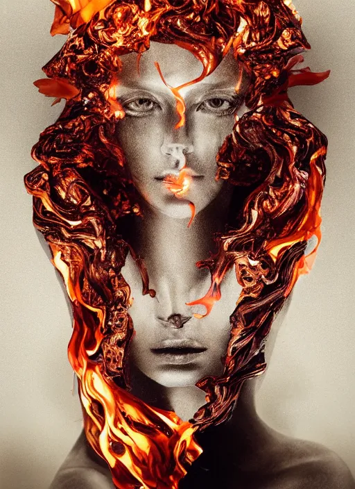 Image similar to sculpture made of flame, portrait, female, future, torch, fire, harper's bazaar, vogue, fashion magazine, intricate, concept art, close up, ornate, luxury, elite, elegant, trending on artstation, by ruan jia, by Kenneth Willardt, by ross tran, by WLOP, by Andrei Riabovitchev,