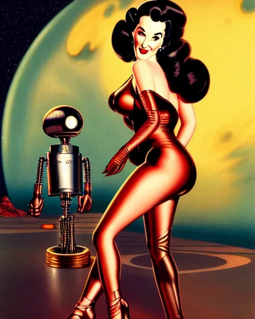 Prompt: closeup beautiful retro space dita von teese posing with a chrome robot in diesel punk city at night, pinup, windblown dark hair, seductive, hyper detailed, digital art, smooth, sharp focus, luis royo, gil elvgren, alberto vargas, 1 9 5 0, when mars attacks