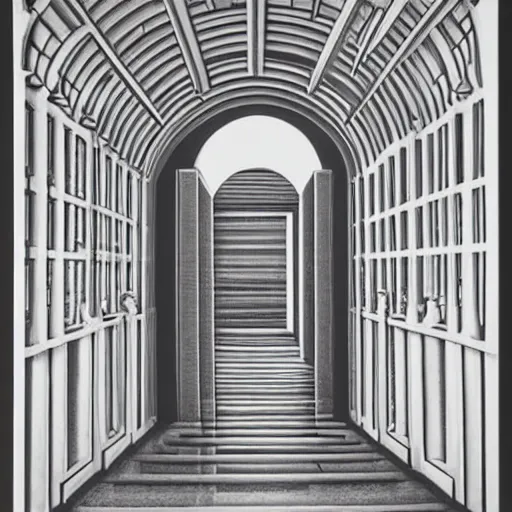 Prompt: endless doorways, by Escher, lithograph