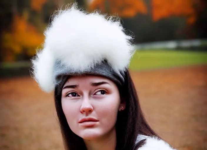 Image similar to realistic photo portrait of the woman volleyball team white cotton fluffy bird white carnival costumes shorts, fluffy pigeon head face portrait, wood in autumn, grey dusk sky with black clouds 1 9 9 0, life magazine reportage photo,