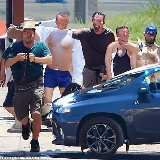 Prompt: ser too fast to dangerous and 7 men who look like Adam Sandler helping your mom into the car at a Dave and busters parking lot