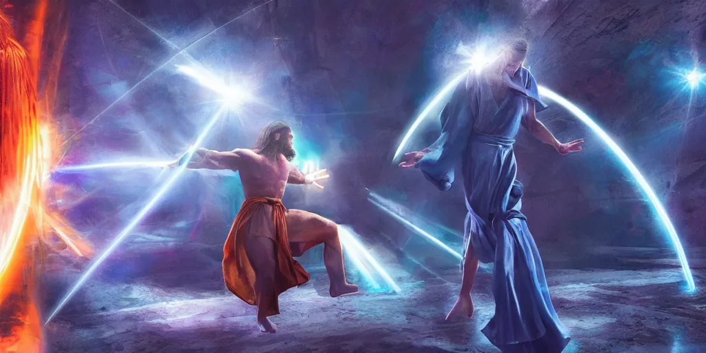 Image similar to Jesus in a robe fighting Dr Manhattan, both as giants in a city, lasers, cinematography, high contrast, hyper realistic, lens flares, concept art, 4k, beautiful